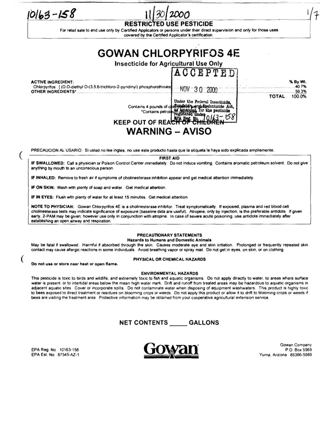 U.S. EPA, Pesticide Product Label, GOWAN CHLORPYRIFOS 4E, 11