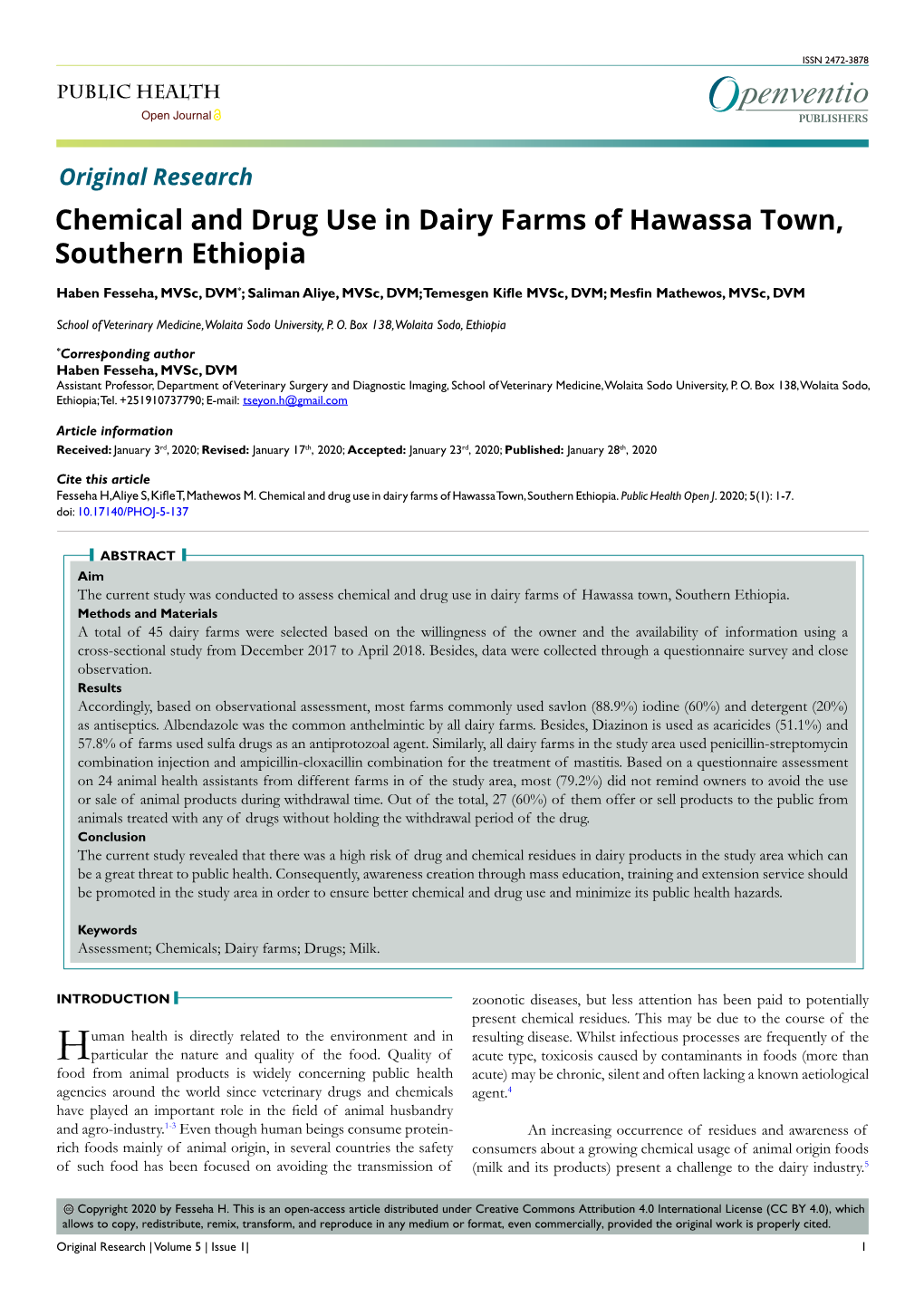 Chemical and Drug Use in Dairy Farms of Hawassa Town, Southern Ethiopia