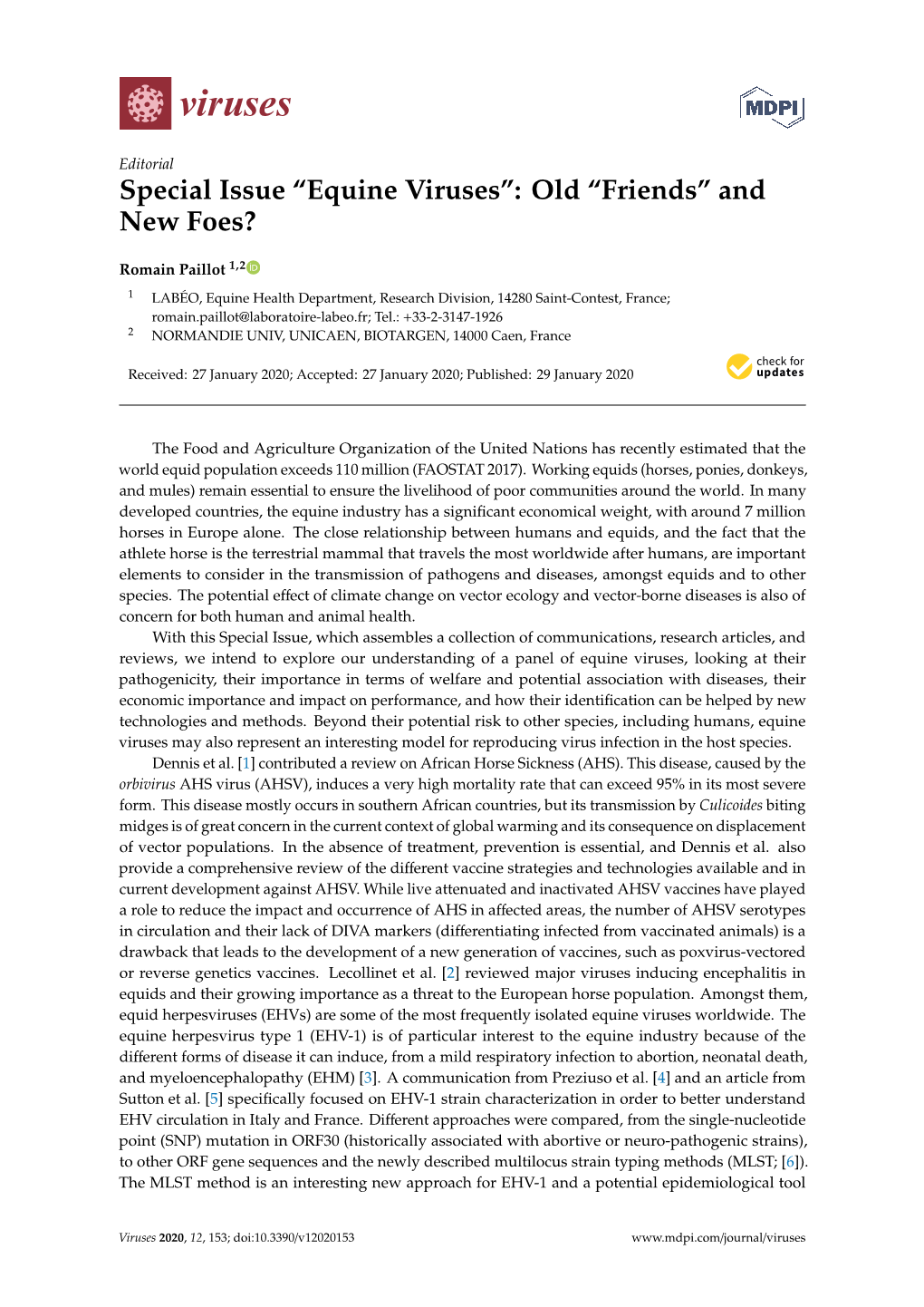 Special Issue “Equine Viruses”: Old “Friends” and New Foes?