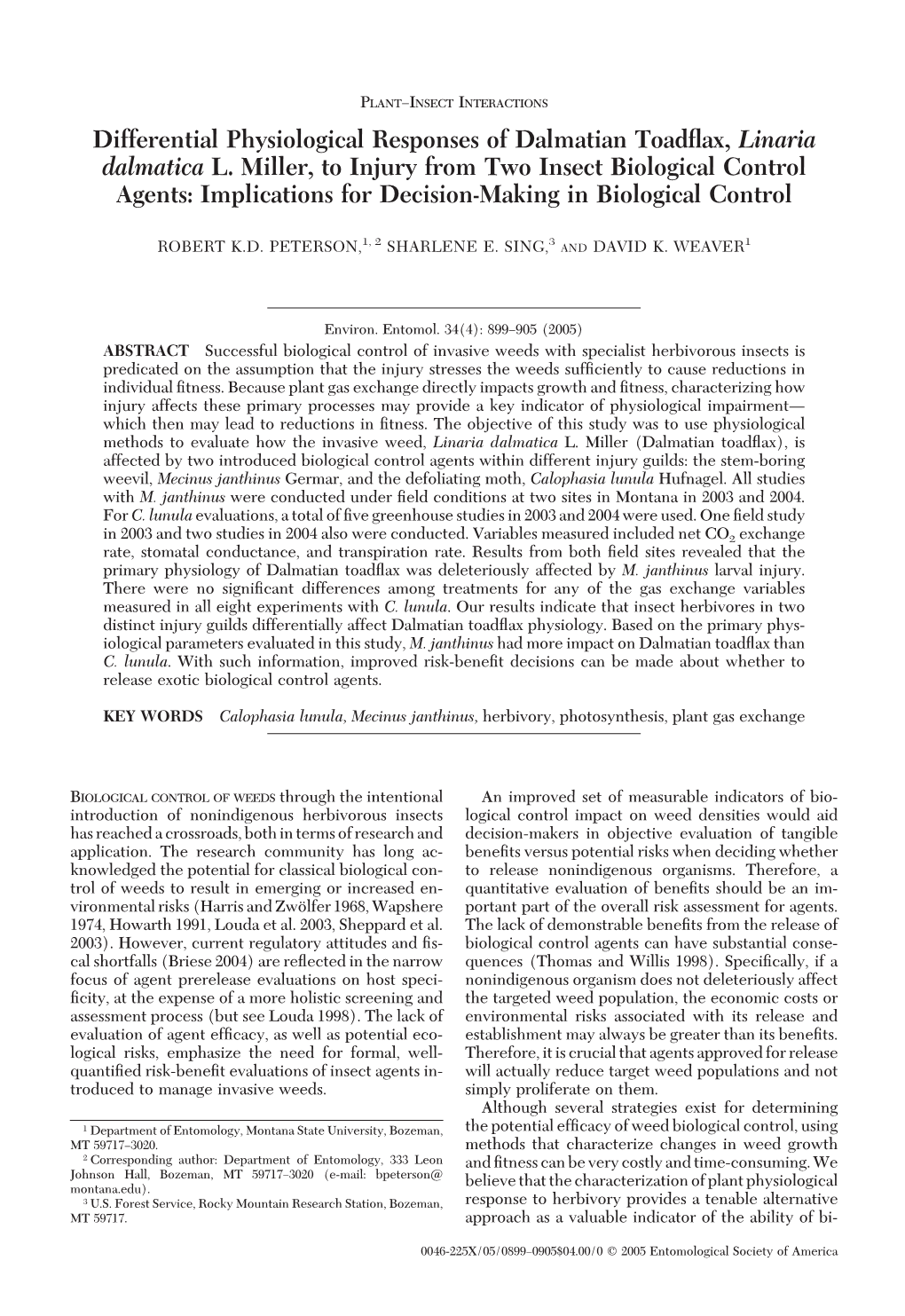 Differential Physiological Responses of Dalmatian Toadﬂax, Linaria Dalmatica L