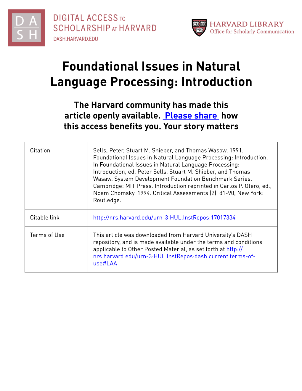 Foundational Issues in Natural Language Processing: Introduction