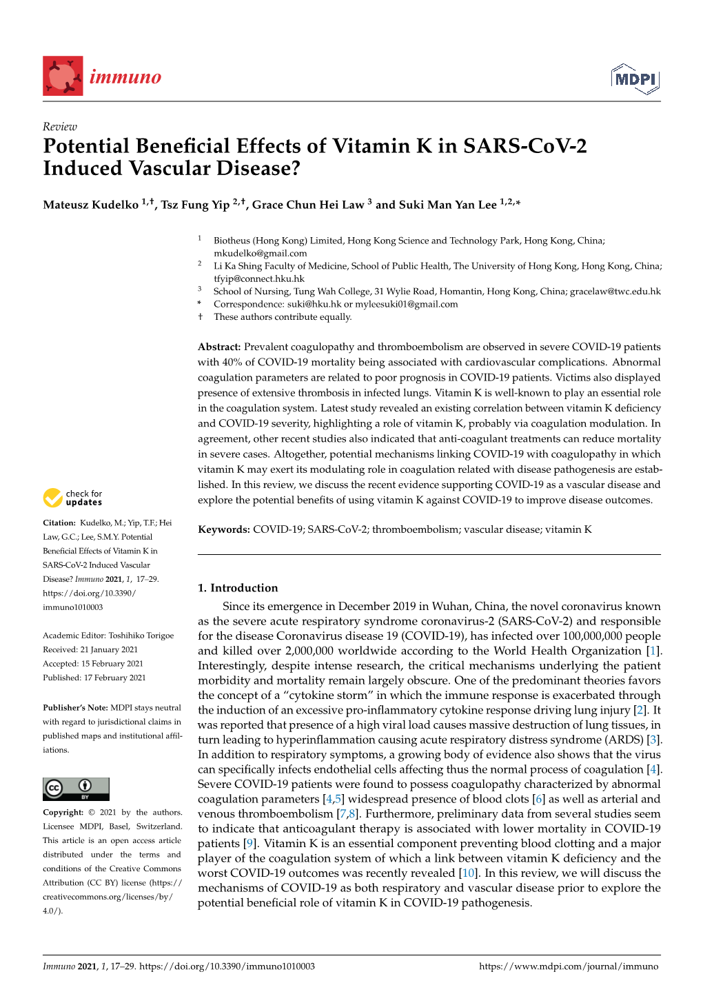 Potential Beneficial Effects of Vitamin K in SARS-Cov-2 Induced Vascular Disease? Immuno 2021, 1, 17–29