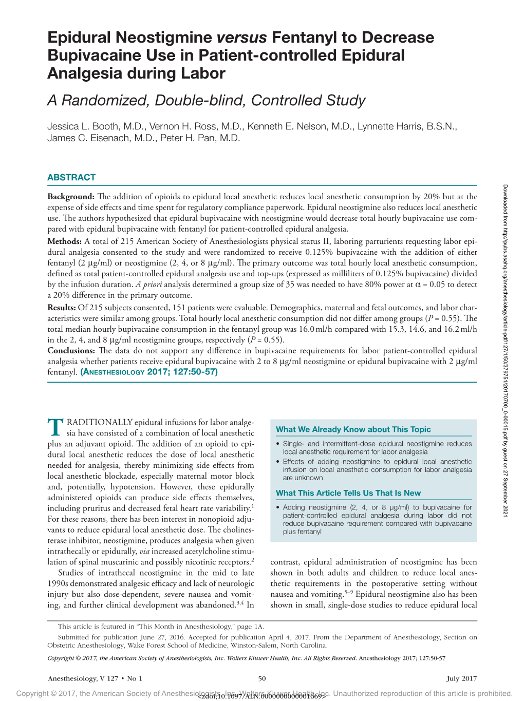 Epidural Neostigmine Versus Fentanyl to Decrease Bupivacaine Use in Patient-Controlled Epidural Analgesia During Labor a Randomized, Double-Blind, Controlled Study