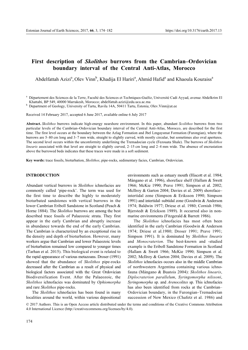 First Description of Skolithos Burrows from the Cambrian–Ordovician Boundary Interval of the Central Anti-Atlas, Morocco