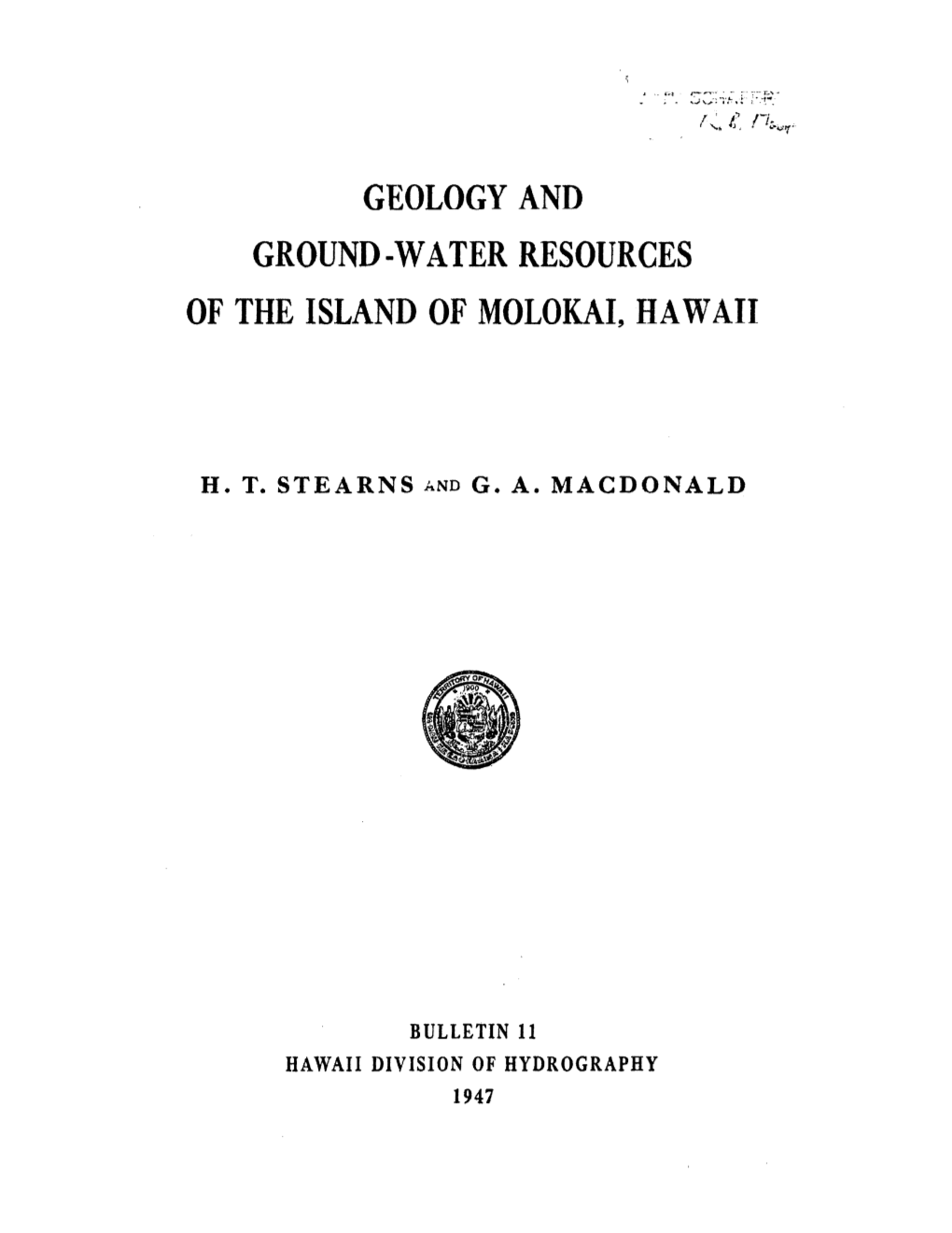 GEOLOGY and GROUND-WATER RESOURCES of the ISLAND of MOLOKAI, Hawall