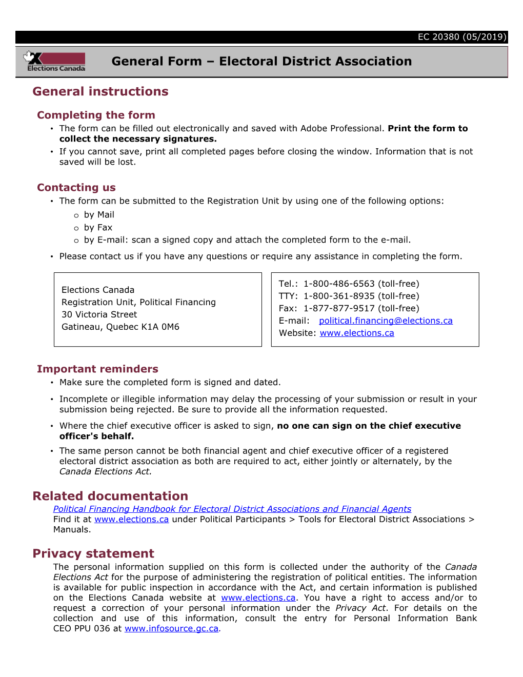 General Form – Electoral District Association