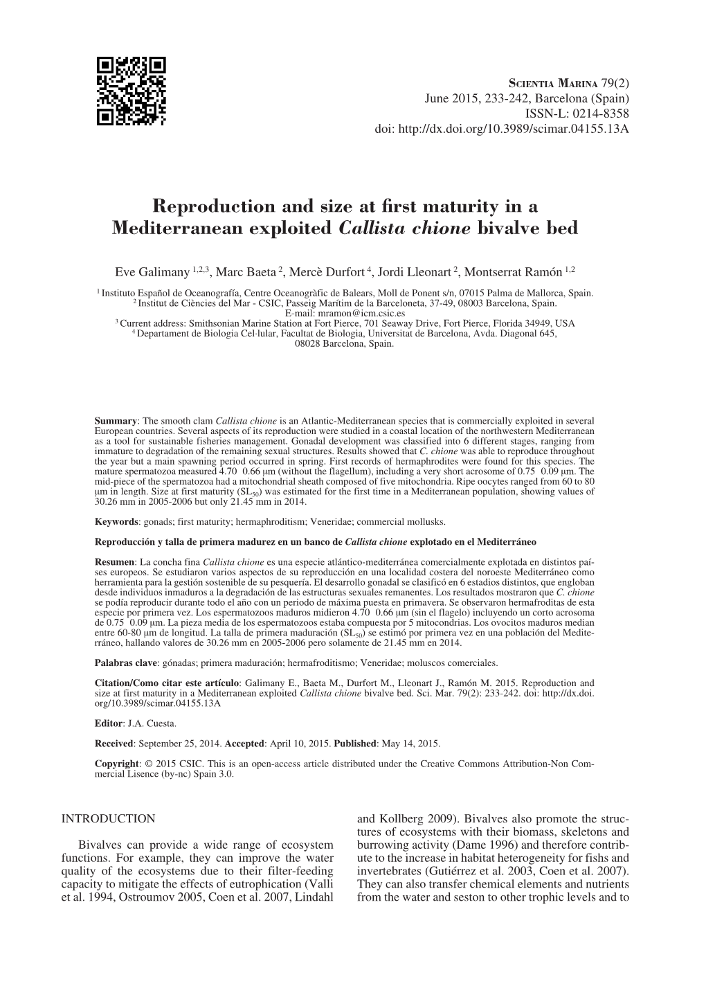 Reproduction and Size at First Maturity in a Mediterranean Exploited Callista Chione Bivalve Bed