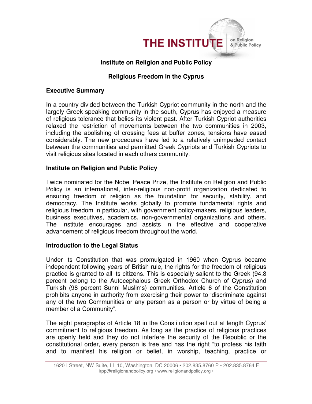 Institute on Religion and Public Policy Religious Freedom in the Cyprus