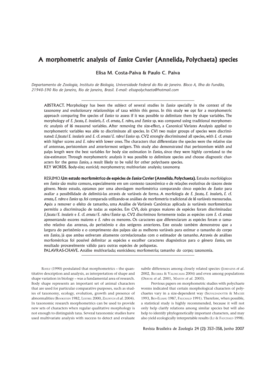 A Morphometric Analysis of Eunice Cuvier (Annelida, Polychaeta) Species
