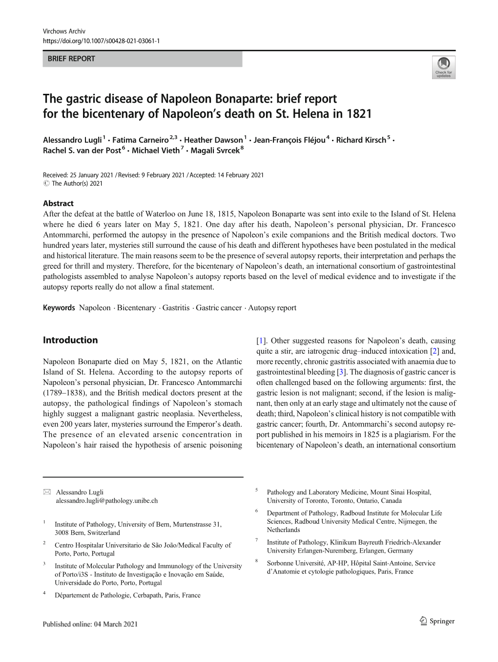 The Gastric Disease of Napoleon Bonaparte: Brief Report for the Bicentenary of Napoleon’S Death on St