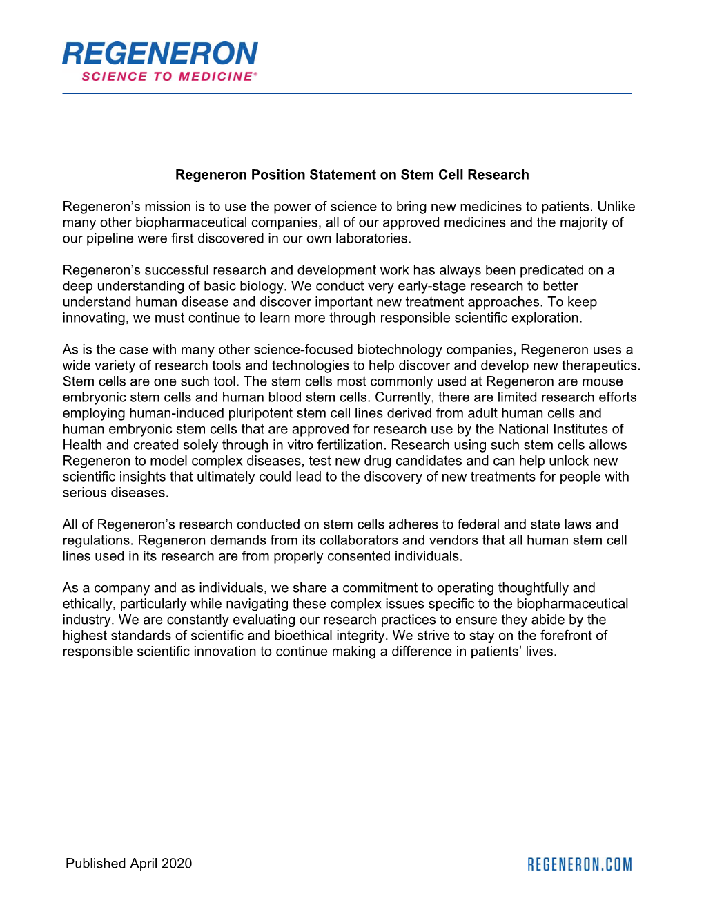 Regeneron Position Statement on Stem Cell Research