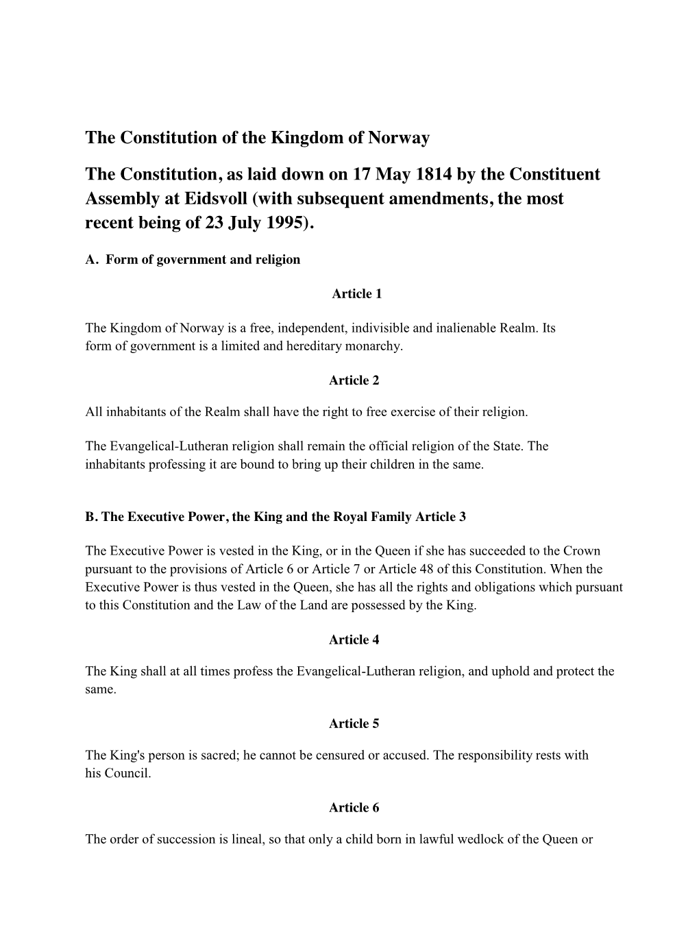 The Constitution of the Kingdom of Norway