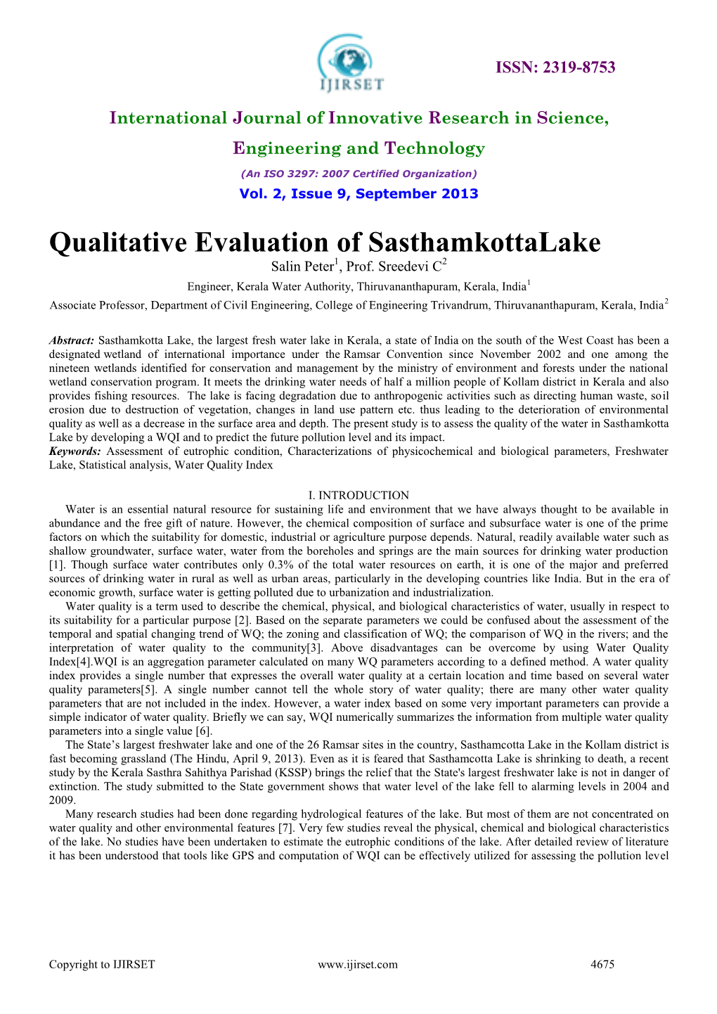 Qualitative Evaluation of Sasthamkottalake Salin Peter1, Prof