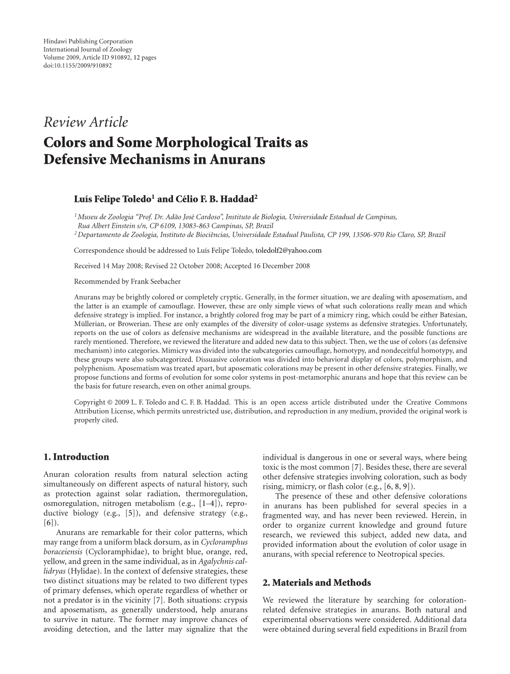 Review Article Colors and Some Morphological Traits As Defensive Mechanisms in Anurans