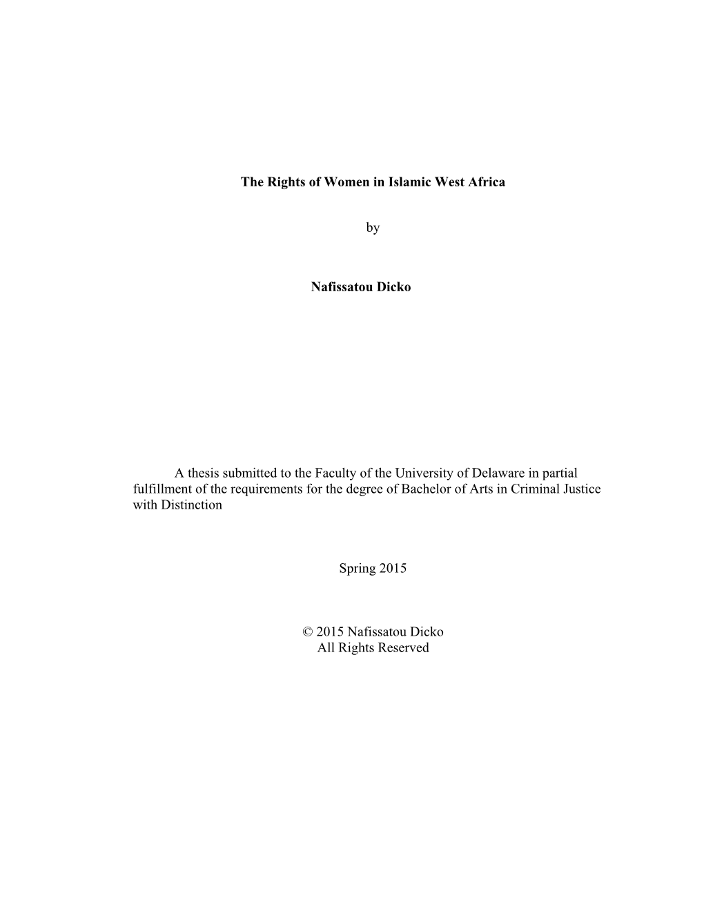 The Rights of Women in Islamic West Africa by Nafissatou Dicko a Thesis
