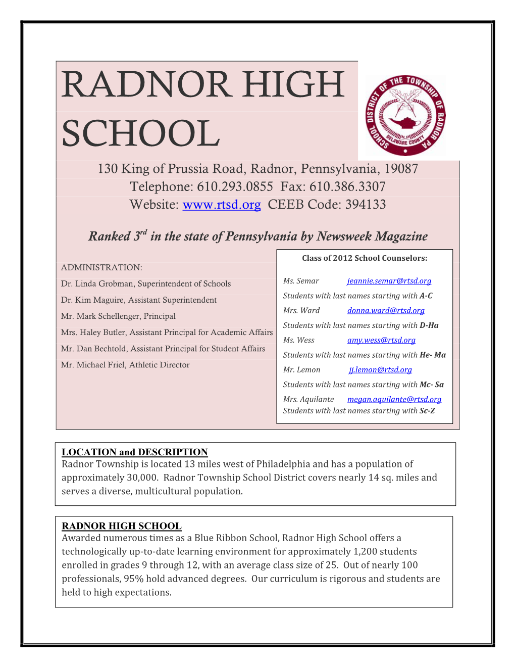 2012 Radnor High School Profile