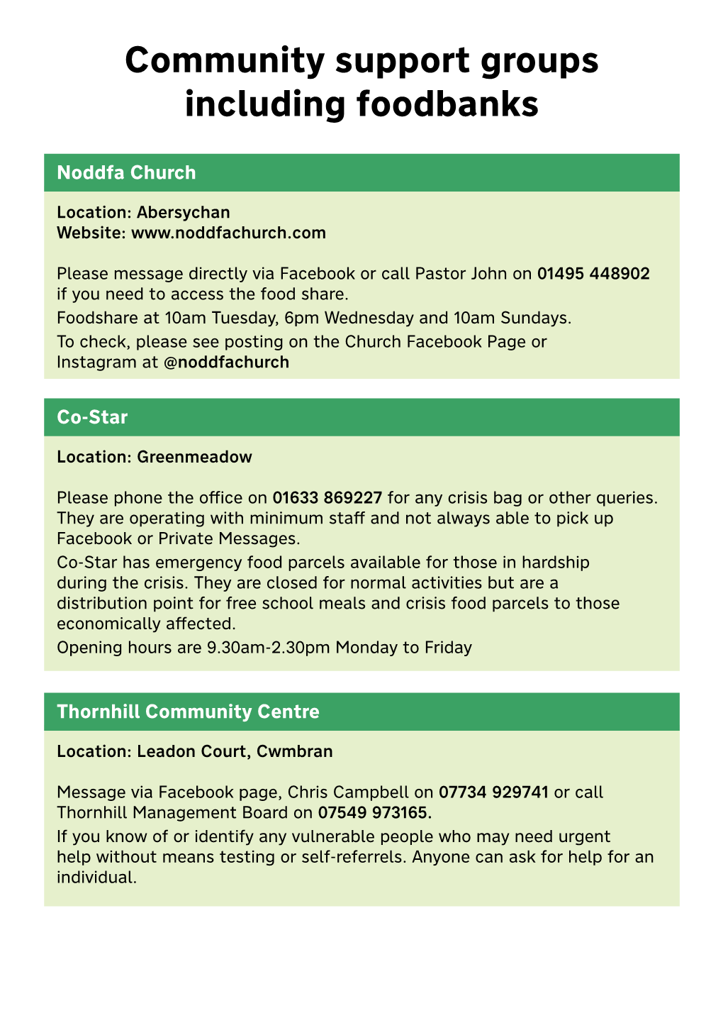 Community Support Groups Including Foodbanks