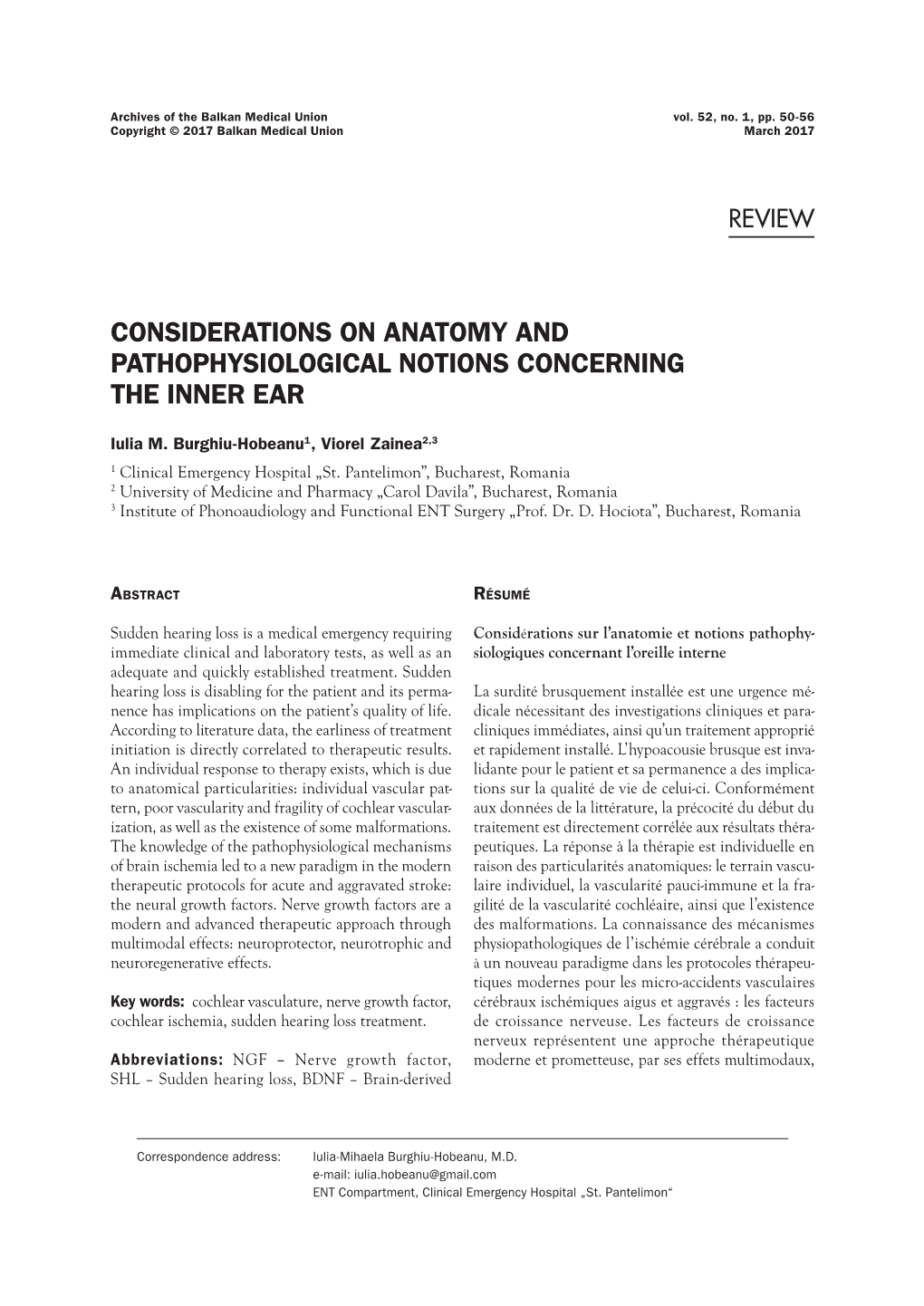 Considerations on Anatomy and Pathophysiological Notions Concerning the Inner Ear