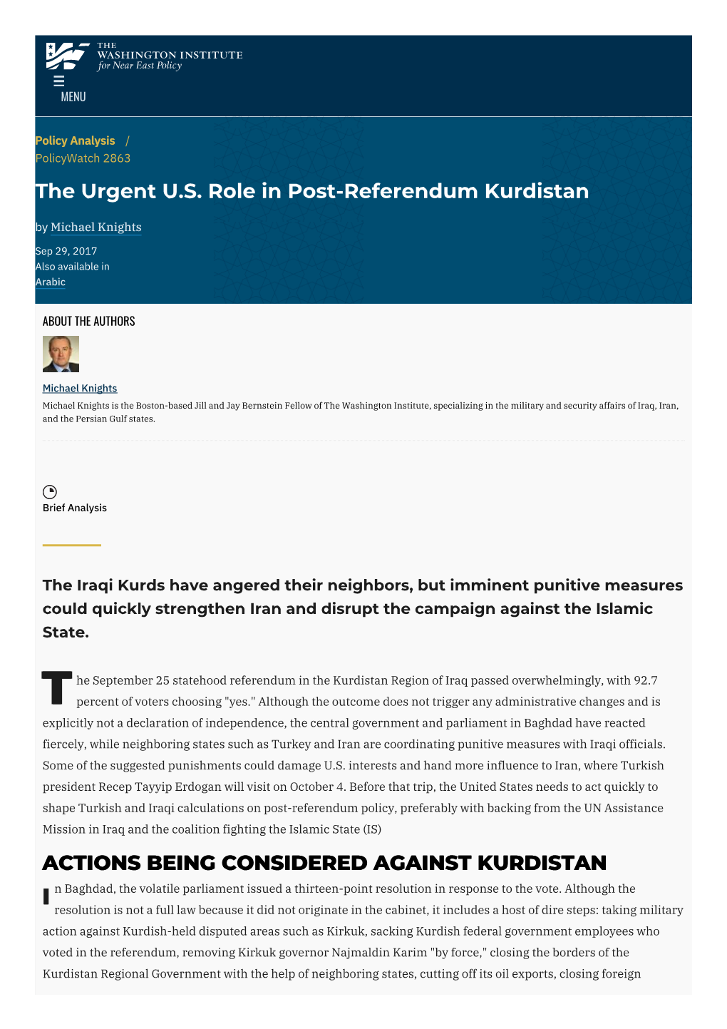 The Urgent U.S. Role in Post-Referendum Kurdistan | The