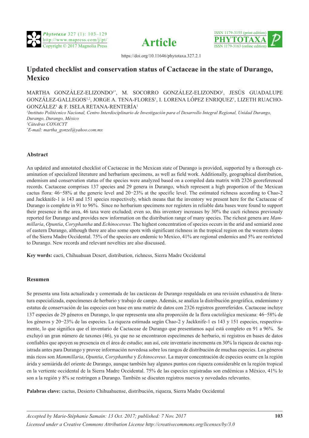 Updated Checklist and Conservation Status of Cactaceae in the State of Durango, Mexico