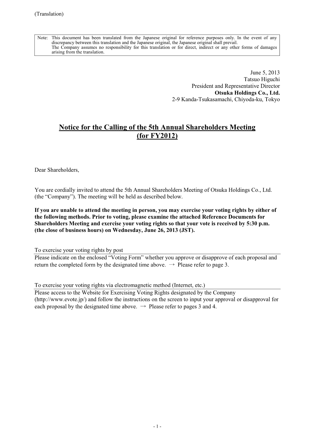 Notice for the Calling of the 5Th Annual Shareholders Meeting (For FY2012)