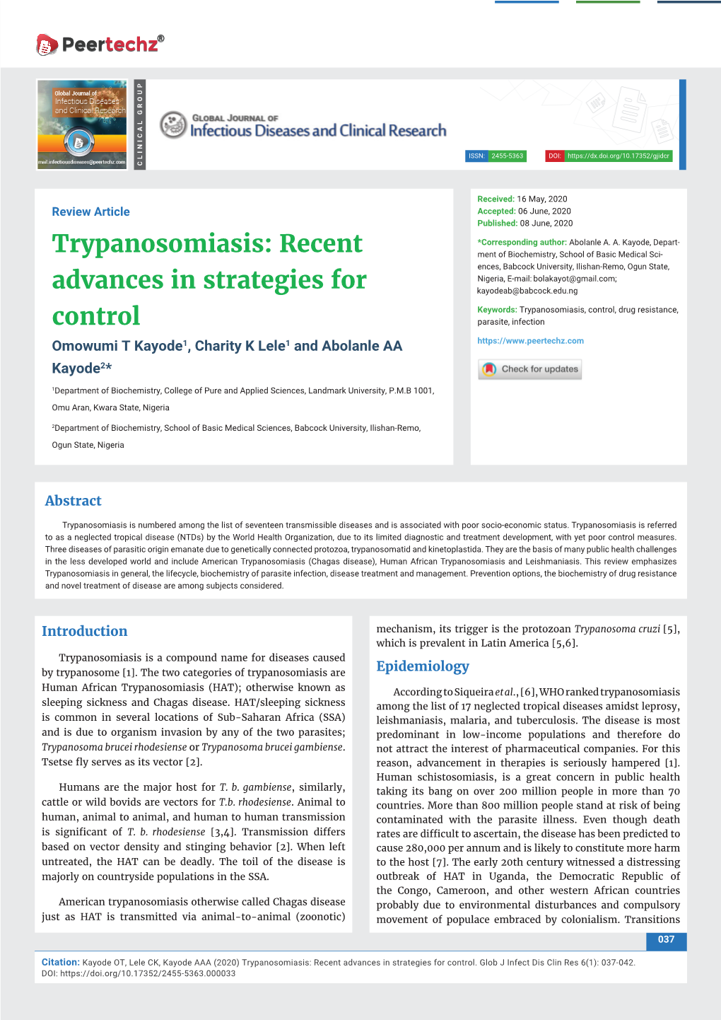 Trypanosomiasis: Recent Advances in Strategies for Control