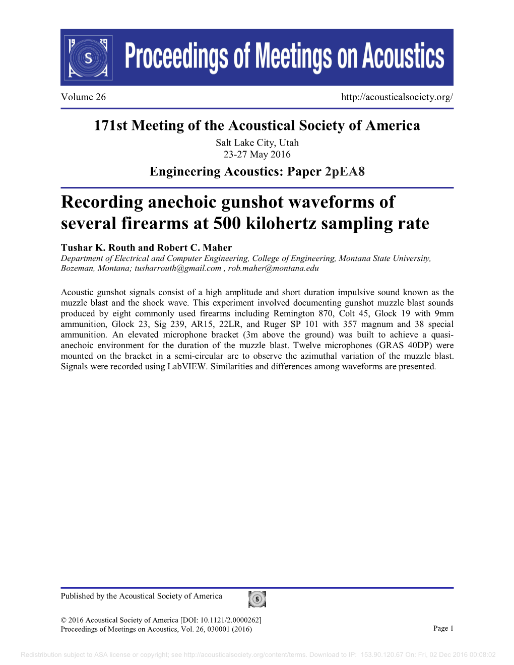 Recording Anechoic Gunshot Waveforms of Several Firearms at 500 Kilohertz Sampling Rate