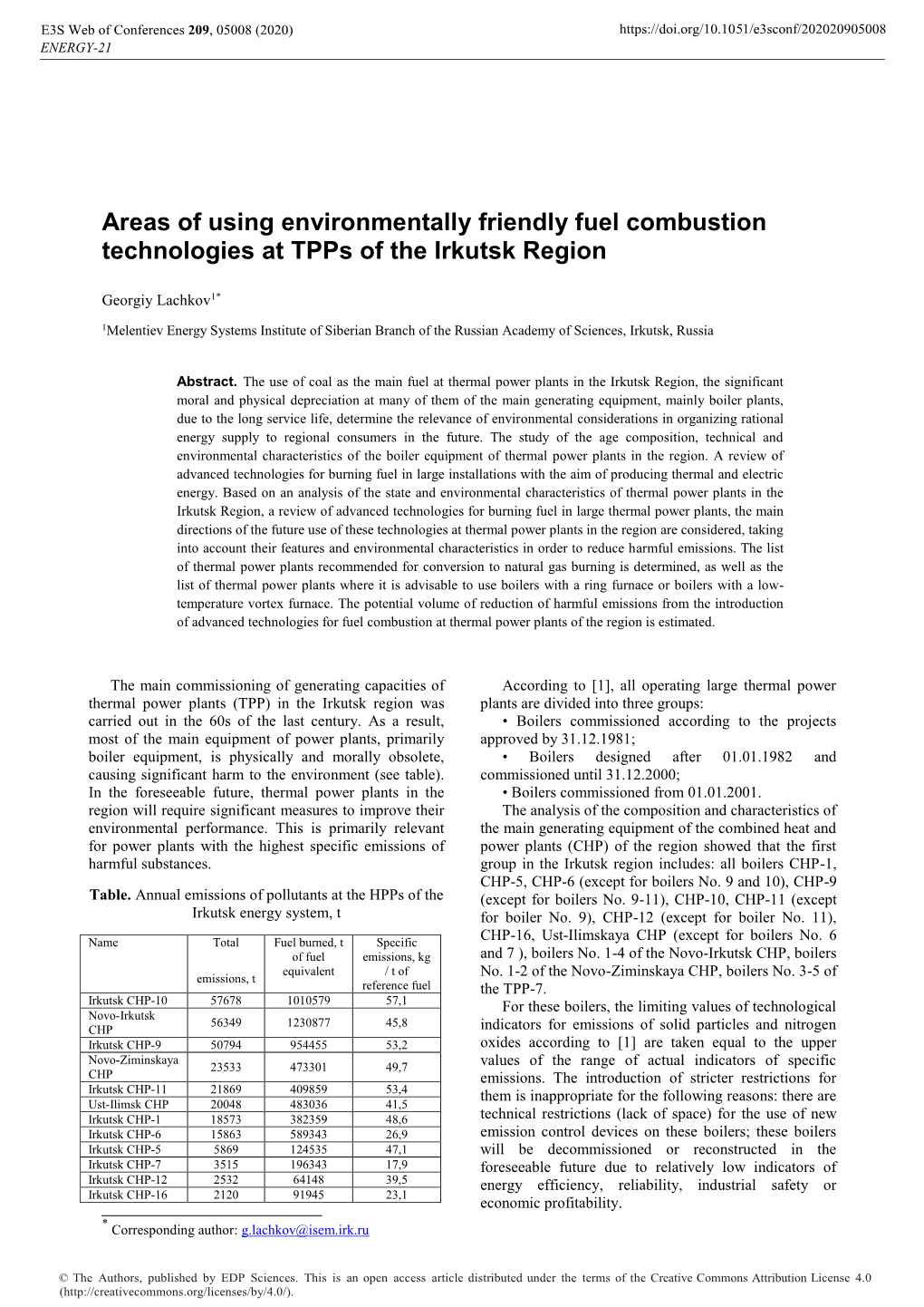 Areas of Using Environmentally Friendly Fuel Combustion Technologies at Tpps of the Irkutsk Region