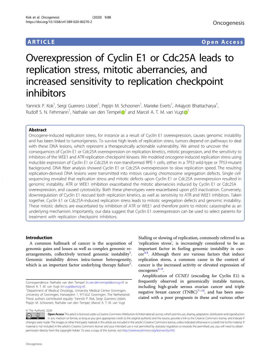 Overexpression of Cyclin E1 Or Cdc25a Leads to Replication Stress, Mitotic Aberrancies, and Increased Sensitivity to Replication Checkpoint Inhibitors Yannick P