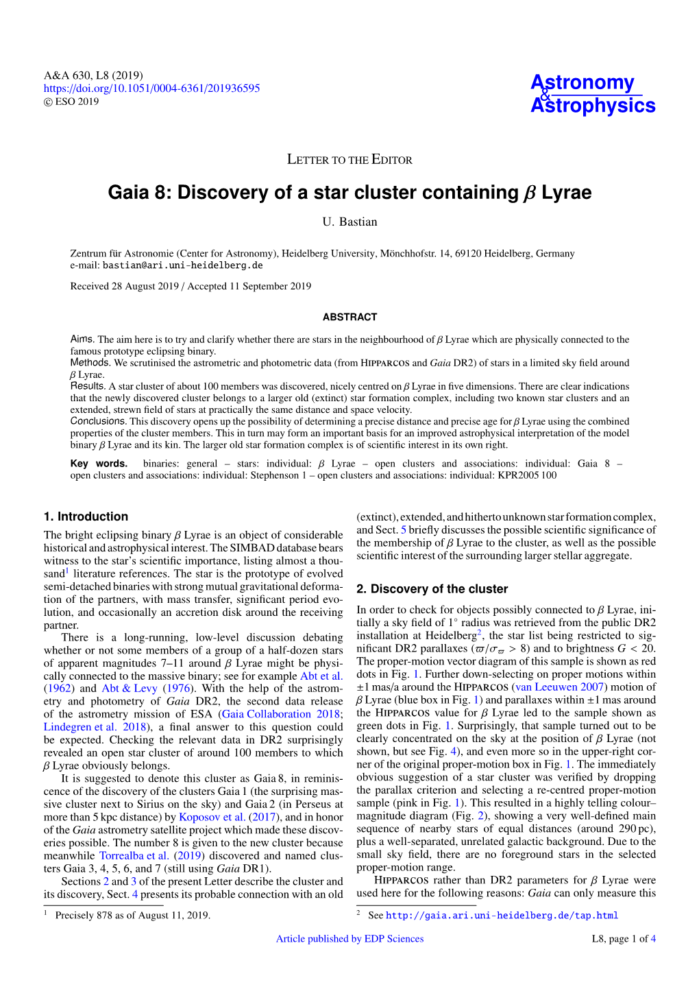 Gaia 8: Discovery of a Star Cluster Containing Β Lyrae U