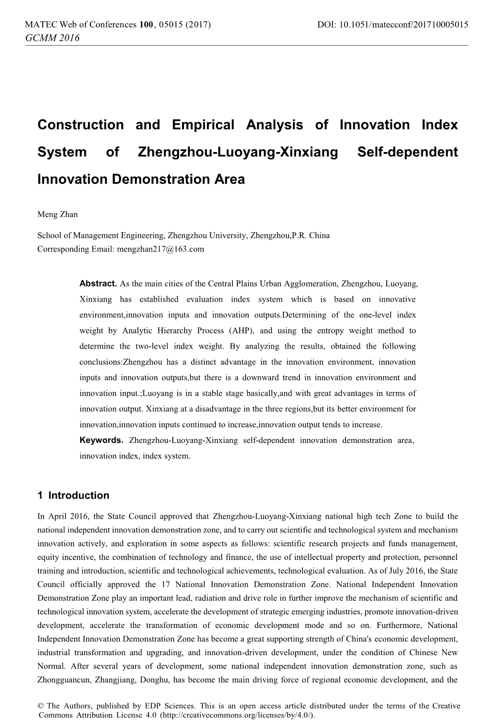 Construction and Empirical Analysis of Innovation Index System of Zhengzhou-Luoyang-Xinxiang Self-Dependent Innovation Demonstration Area