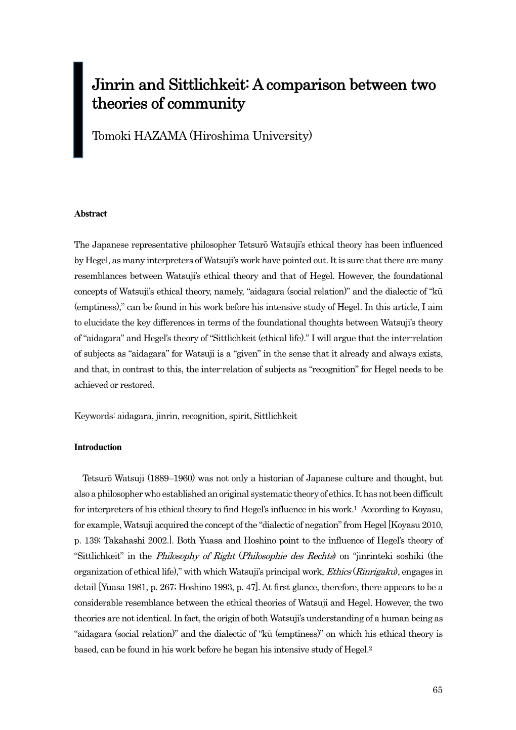 Jinrin and Sittlichkeit: a Comparison Between Two Theories of Community