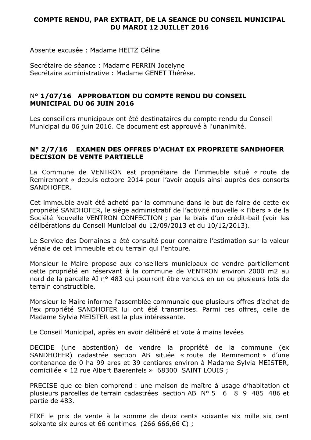 Compte Rendu, Par Extrait, De La Seance Du Conseil Municipal Du Mardi 12 Juillet 2016