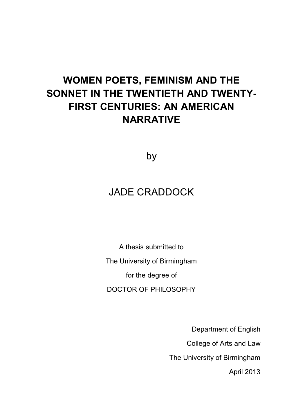 Women Poets, Feminism and the Sonnet in the Twentieth and Twenty- First Centuries: an American Narrative