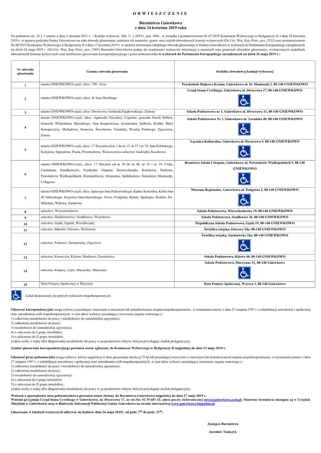 Gniewkowo Na Stałe Obwody Głosowania, Ustalenia Ich Numerów, Granic Oraz Siedzib Obwodowych Komisji Wyborczych (Dz.Urz