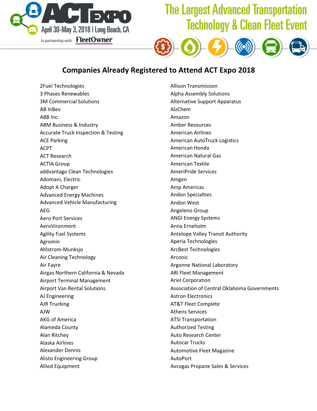 Companies Already Registered to Attend ACT Expo 2018