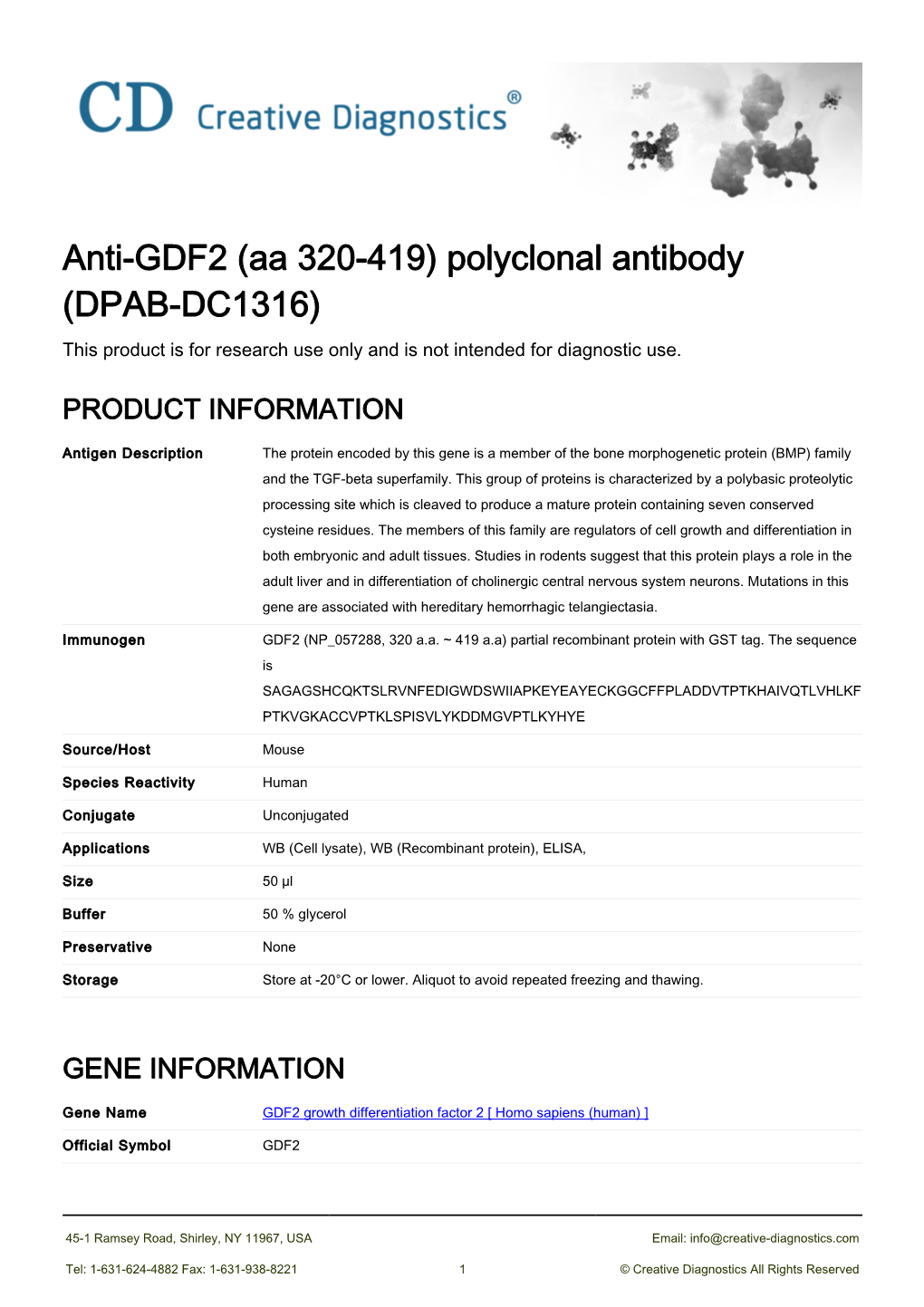 Anti-GDF2 (Aa 320-419) Polyclonal Antibody (DPAB-DC1316) This Product Is for Research Use Only and Is Not Intended for Diagnostic Use