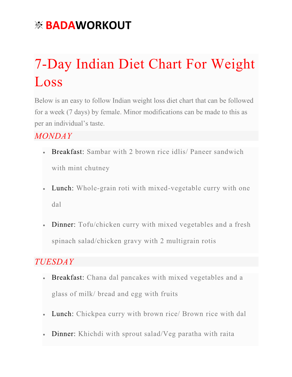 7-Day Indian Diet Chart for Weight Loss