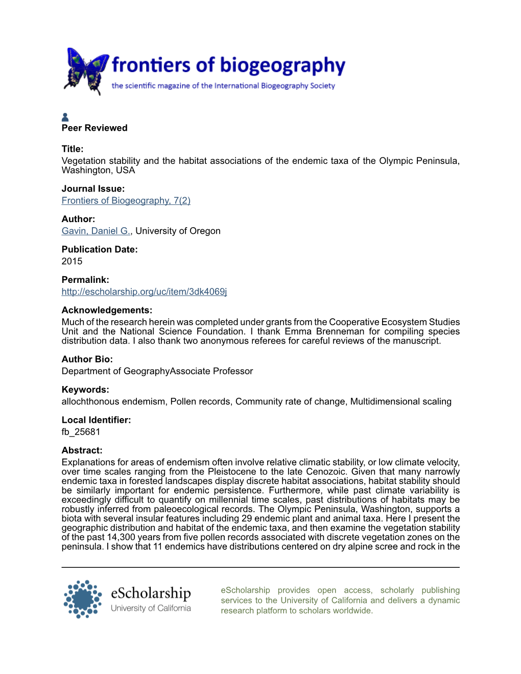 Vegetation Stability and the Habitat Associations of the Endemic Taxa of the Olympic Peninsula, Washington, USA