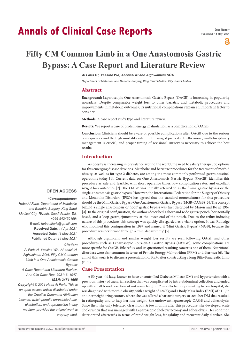 Fifty CM Common Limb in a One Anastomosis Gastric Bypass: a Case Report and Literature Review