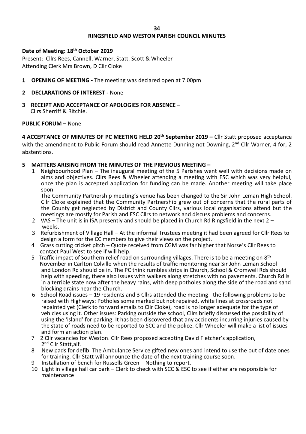 34 RINGSFIELD and WESTON PARISH COUNCIL MINUTES Date