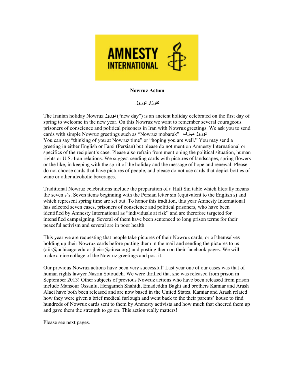 Amnesty International USA Nowruz Action