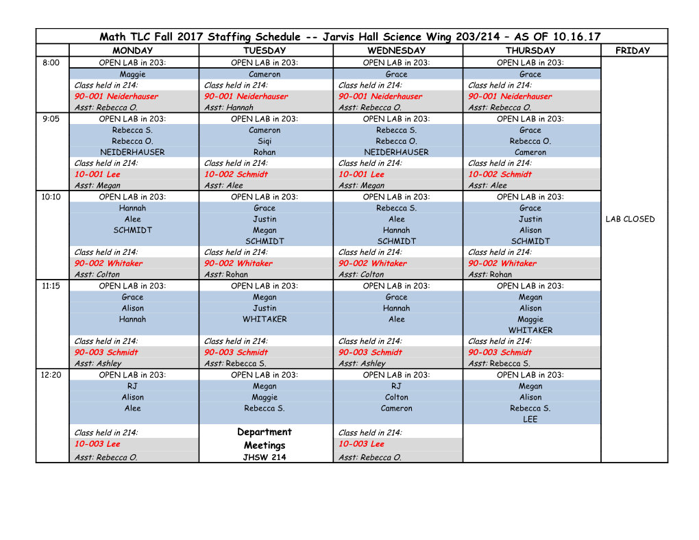 Math TLC Fall 2008 Staffing Schedule Harvey Hall 403/404