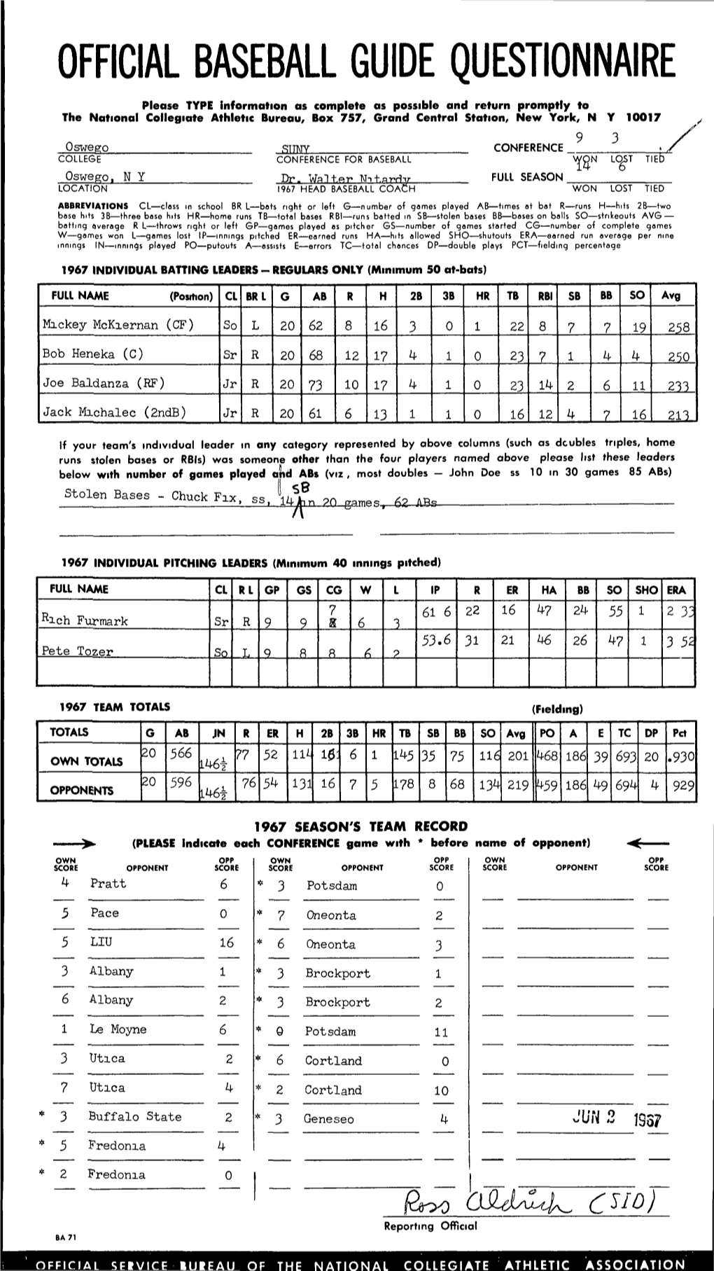 Official Baseball Guide Questionnaire