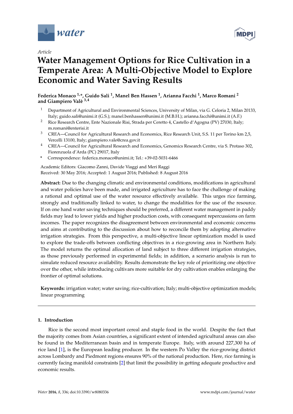 Water Management Options for Rice Cultivation in a Temperate Area: a Multi-Objective Model to Explore Economic and Water Saving Results