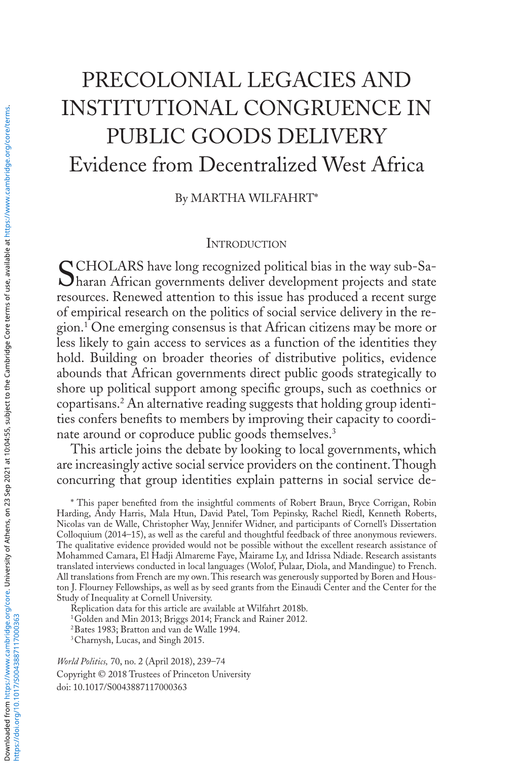 Precolonial Legacies and Institutional Congruence in Public Goods Delivery: Evidence from Decentralized West Africa.” Harvard Dataverse, V1