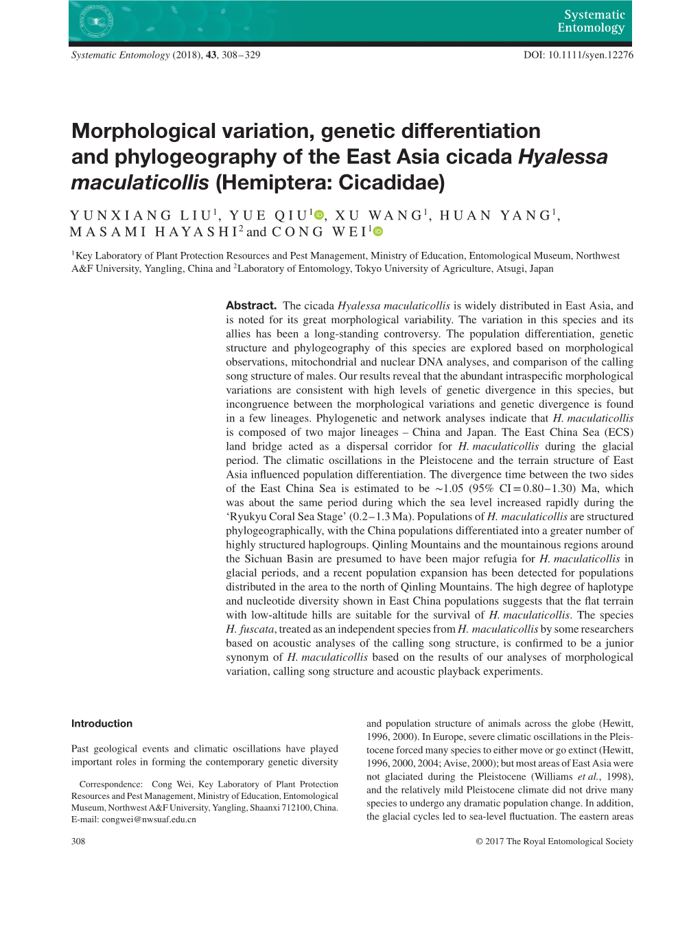 Morphological Variation, Genetic Differentiation and Phylogeography of the East Asia Cicada Hyalessa Maculaticollis (Hemiptera: Cicadidae)