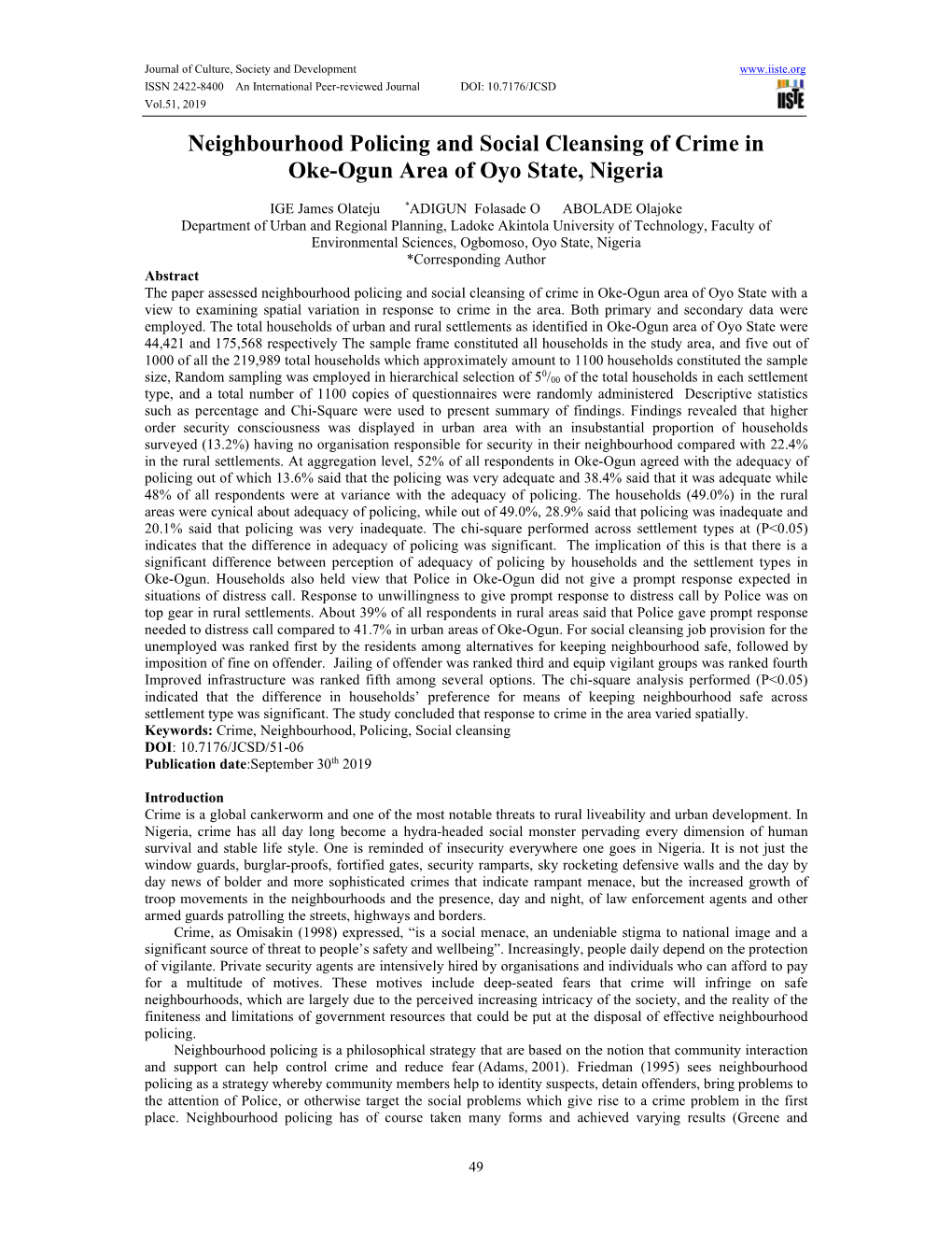 Neighbourhood Policing and Social Cleansing of Crime in Oke-Ogun Area of Oyo State, Nigeria