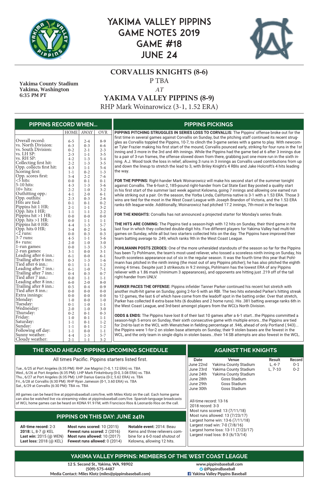 Yakima Valley Pippins Game Notes 2019 Game #18 June 24