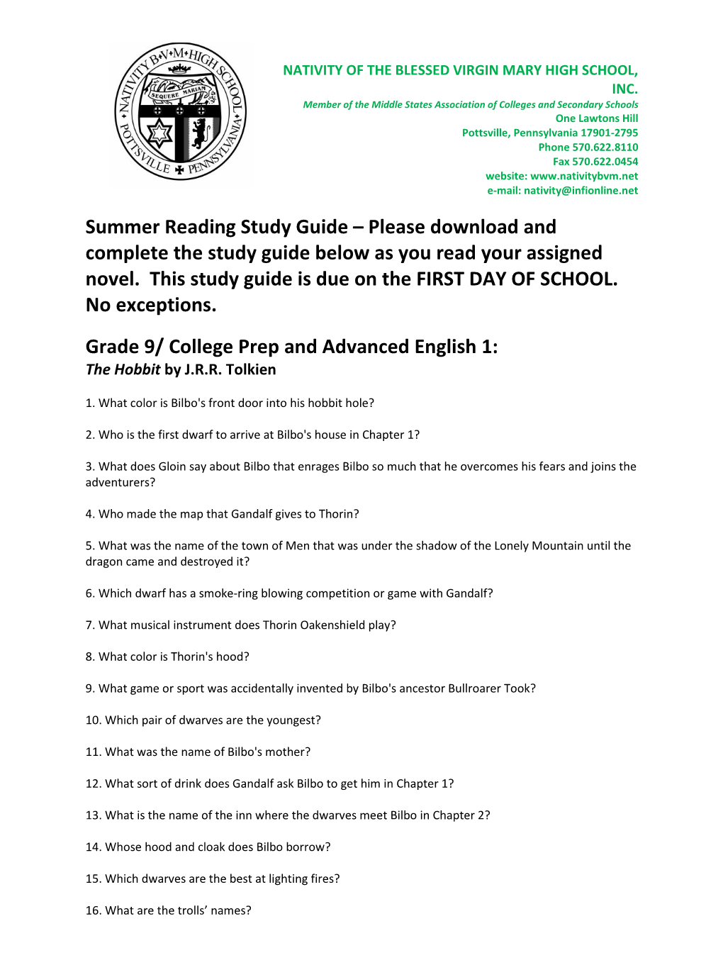 Summer Reading Study Guide – Please Download and Complete the Study Guide Below As You Read Your Assigned Novel